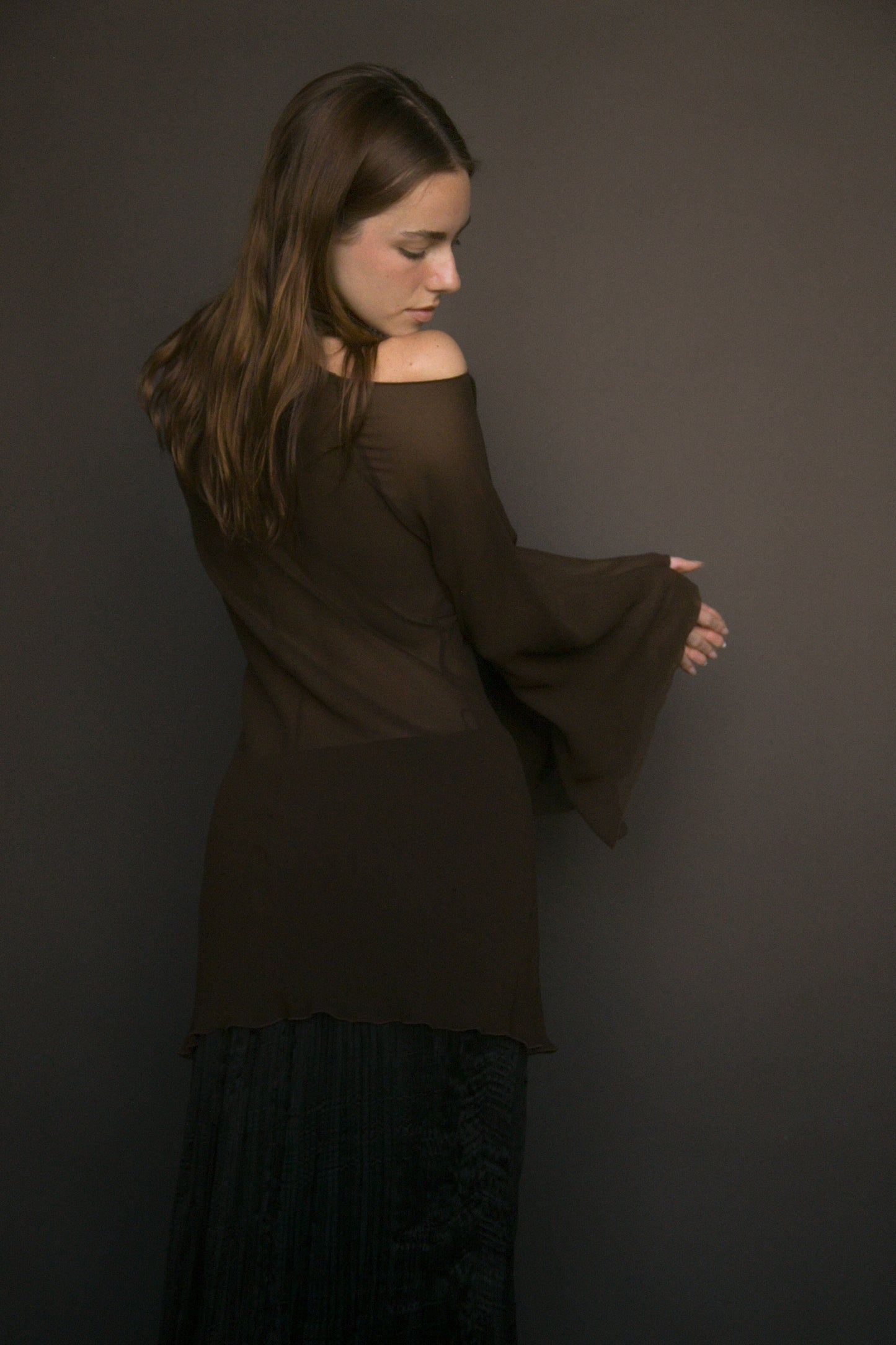 prada brown open shoulder chiffon dress