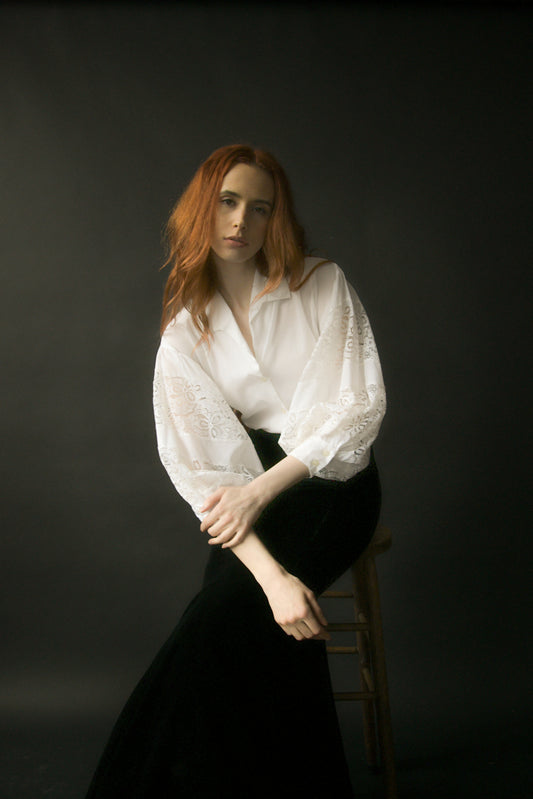 1960s lanvin white cotton lace balloon sleeve blouse