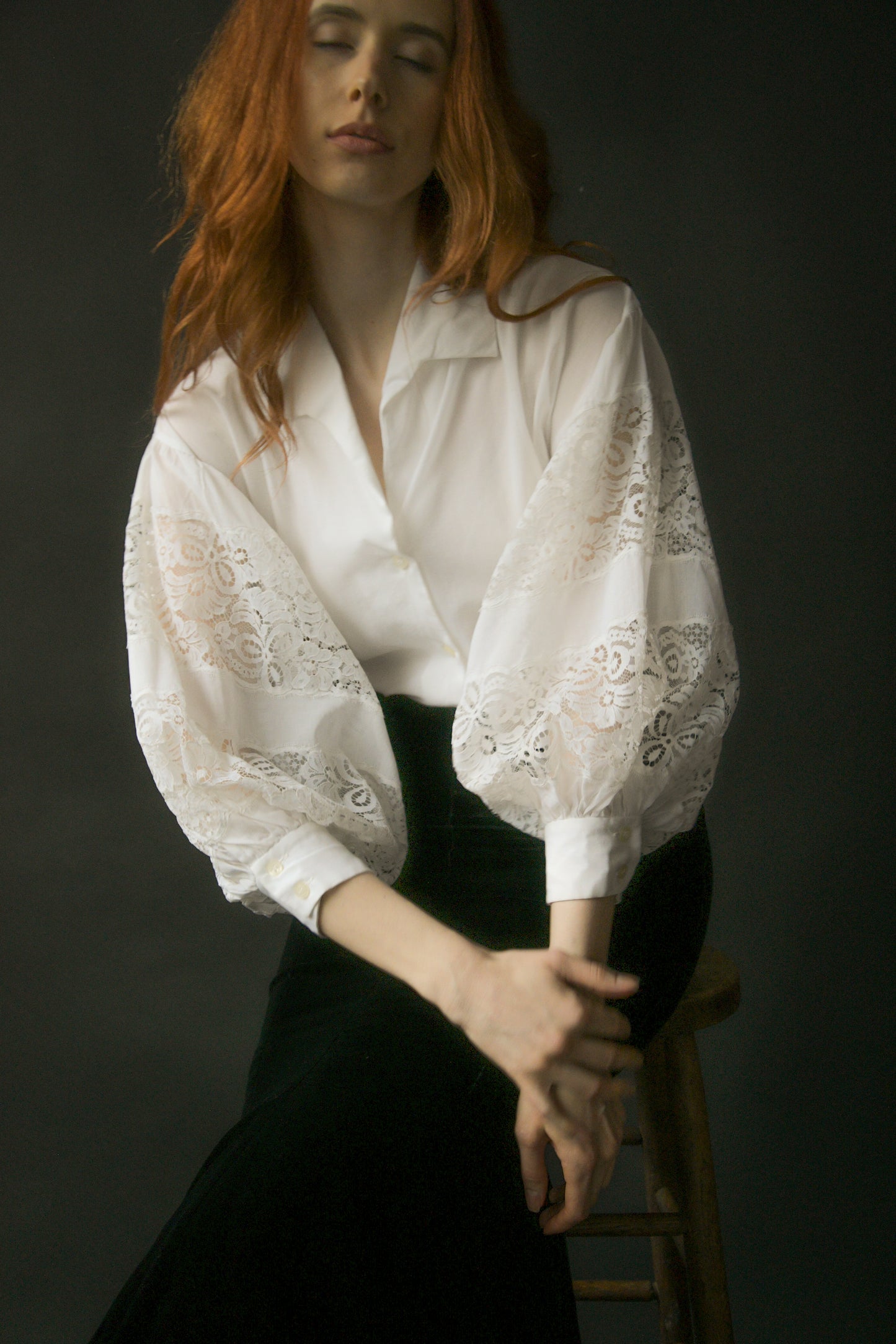 1960s lanvin white cotton lace balloon sleeve blouse