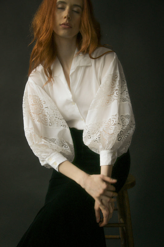 1960s lanvin white cotton lace balloon sleeve blouse