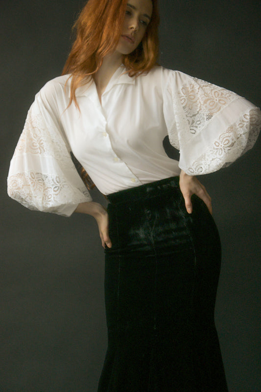 1960s lanvin white cotton lace balloon sleeve blouse