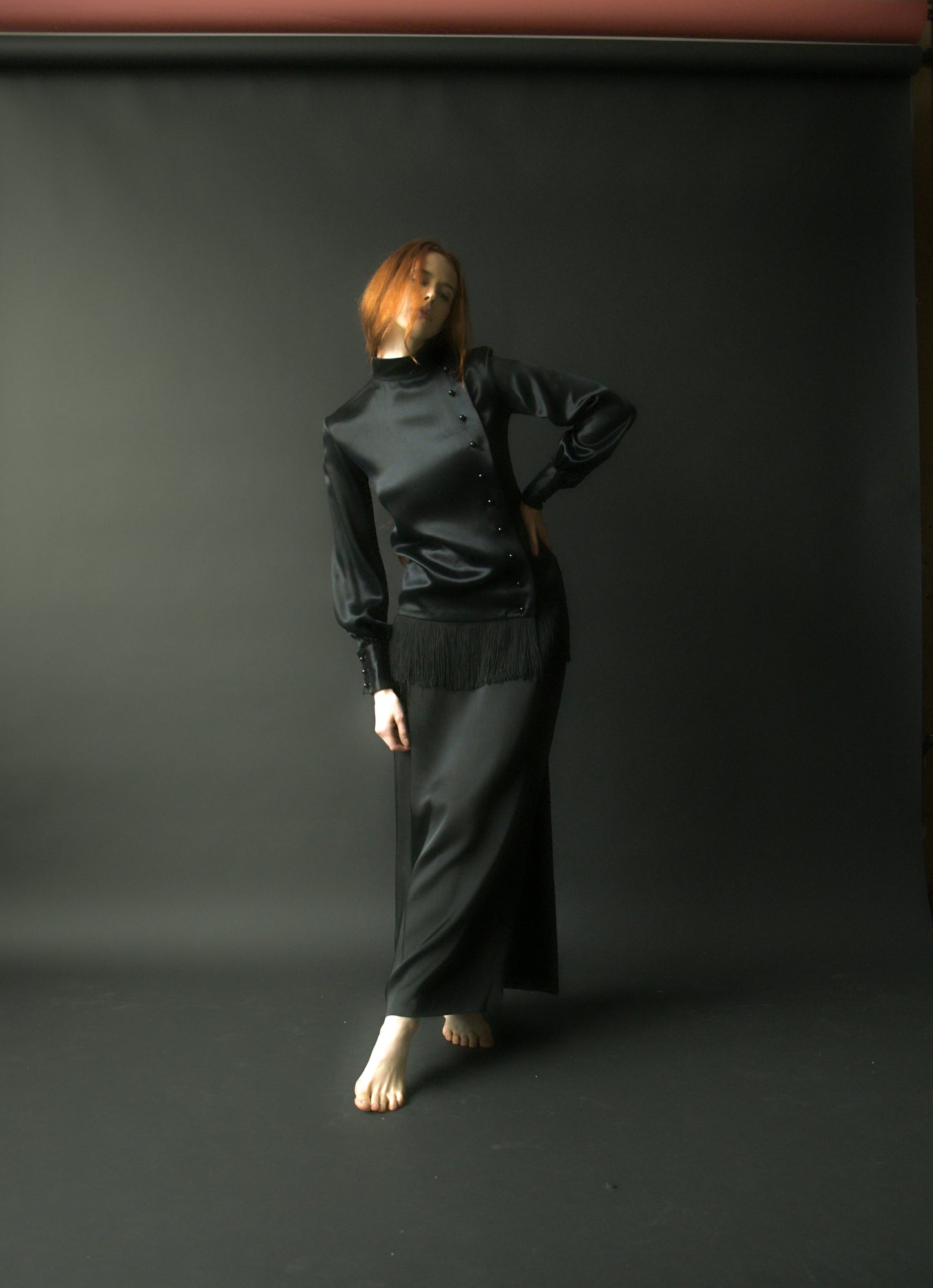 yves saint laurent automne hiver 1968 black satin fringe tunic