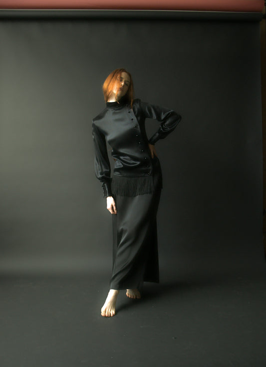 yves saint laurent automne hiver 1968 black satin fringe tunic