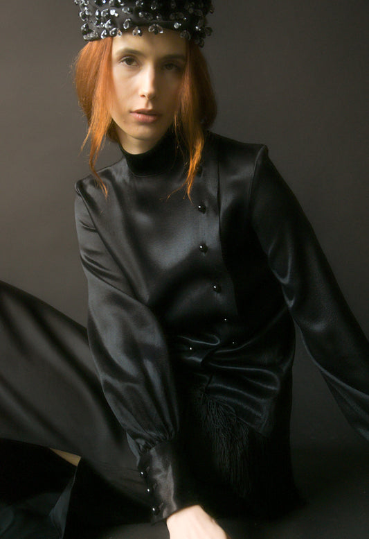 yves saint laurent automne hiver 1968 black satin fringe tunic