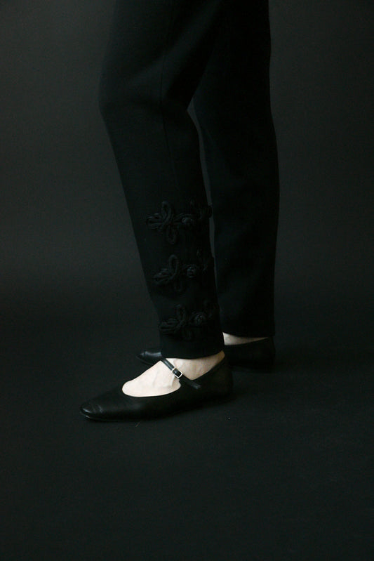 black wool tassel pant ensemble