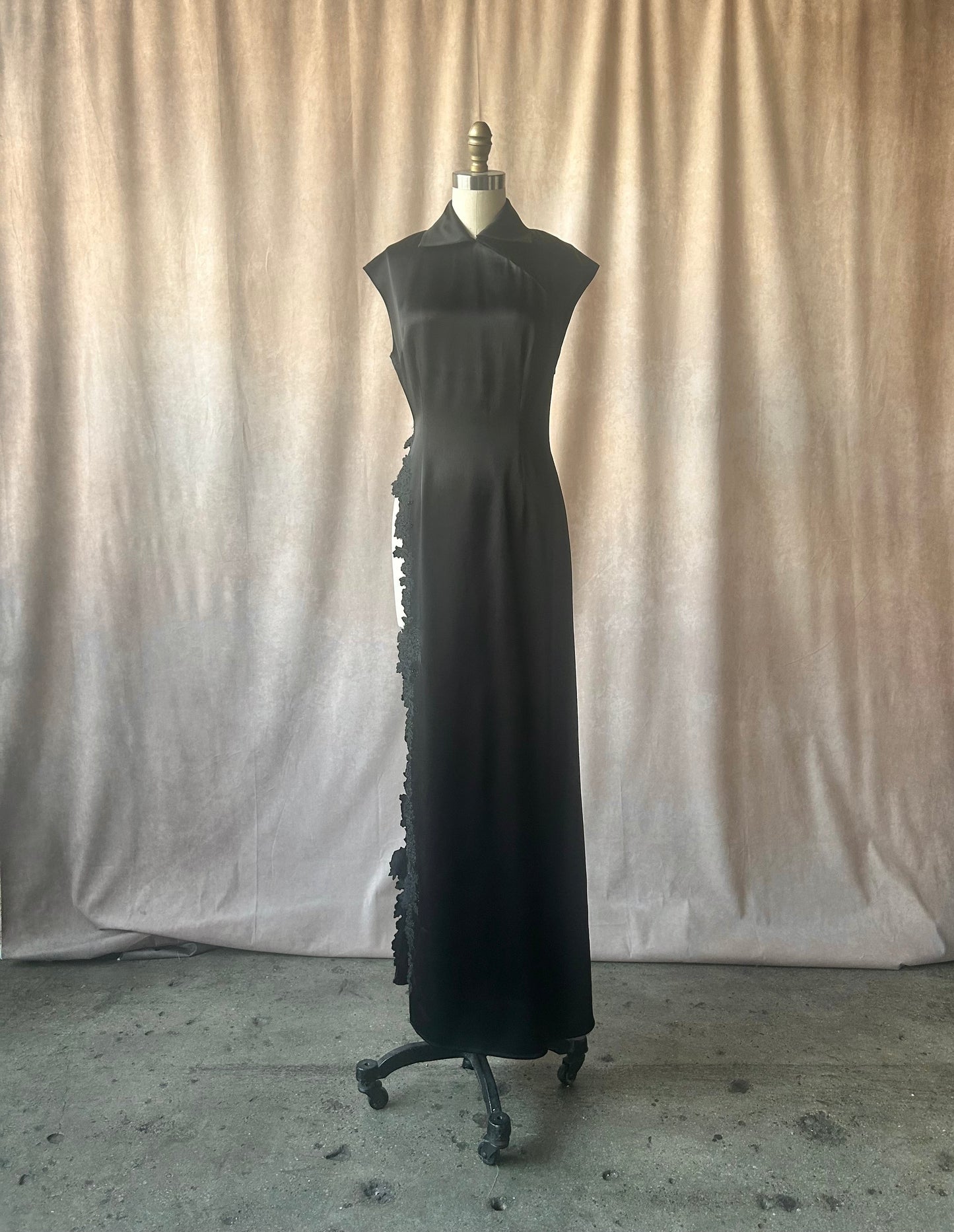 richard tyler spring 1996 black beaded high slit qipao dress