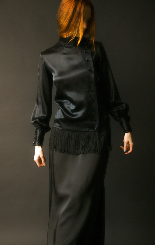 yves saint laurent automne hiver 1968 black satin fringe tunic
