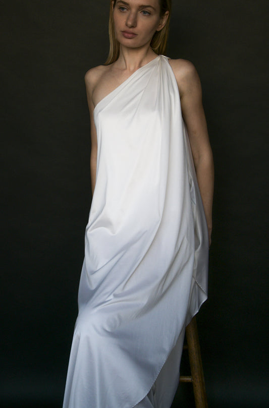 1970s halston white one shoulder dress