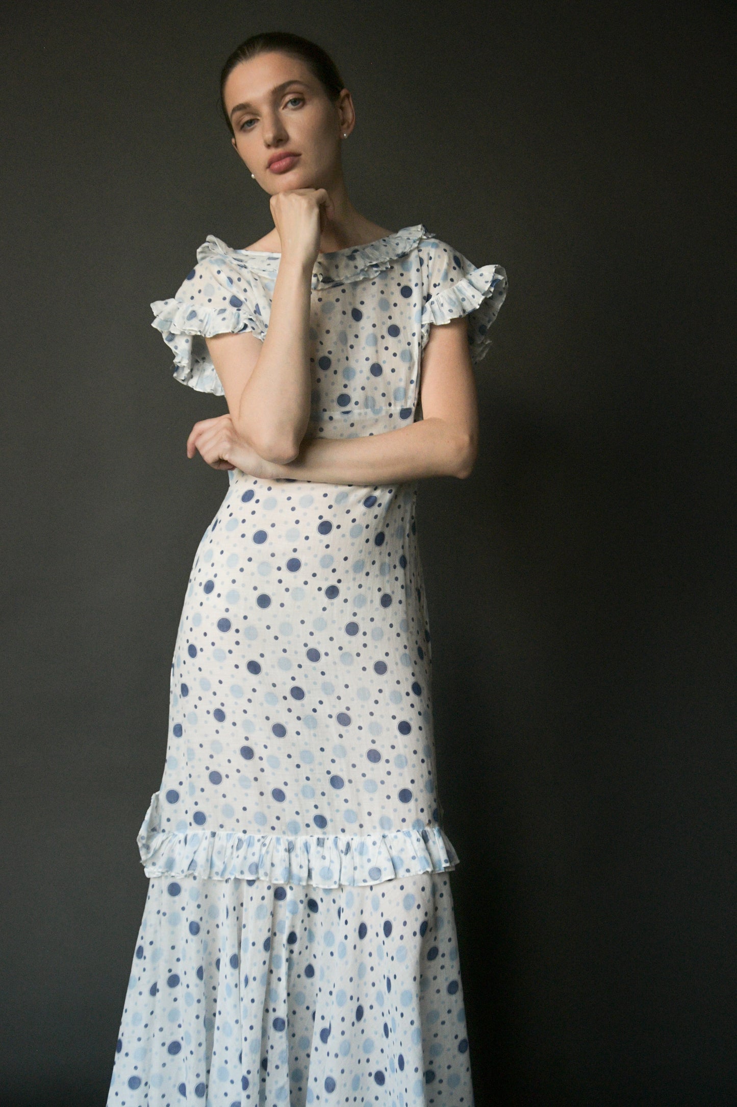 1930s white cotton polka dot mermaid dress