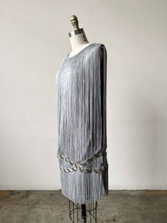 azzaro grey fringe rhinestone mini dress