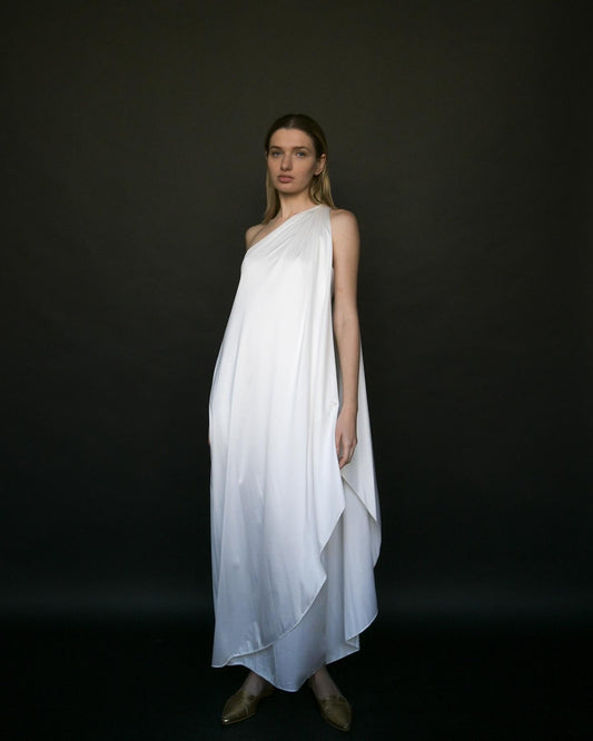 1970s halston white one shoulder dress