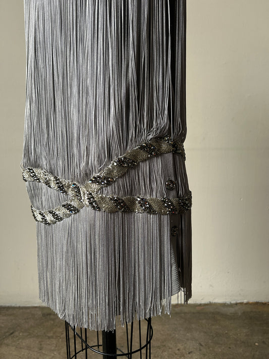 azzaro grey fringe rhinestone mini dress