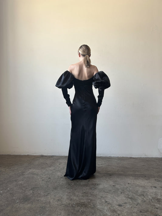 black silk mutton sleeve bias cut dress