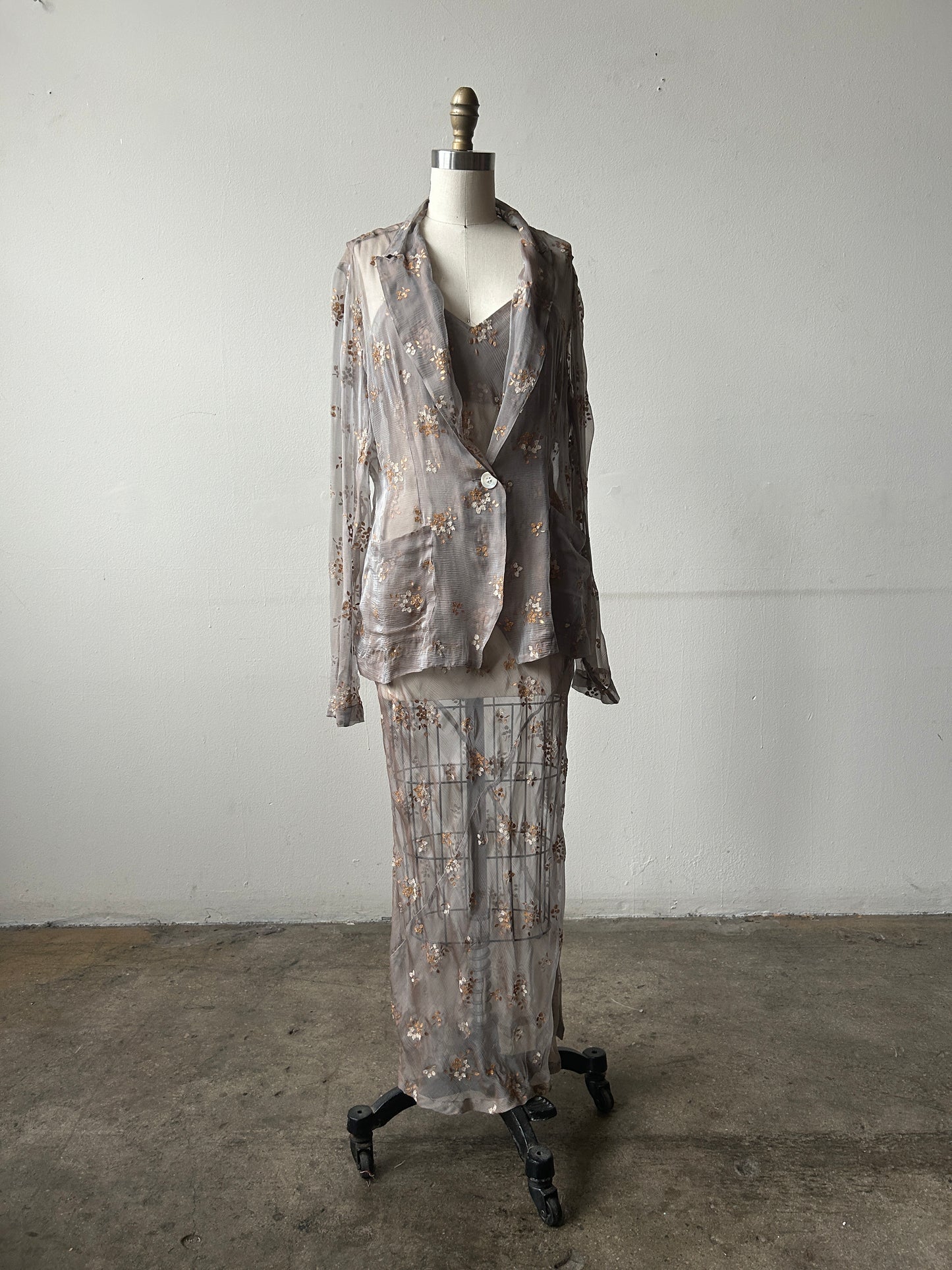 dries van noten ss 1997 silk floral embellished bias cut dress and jacket