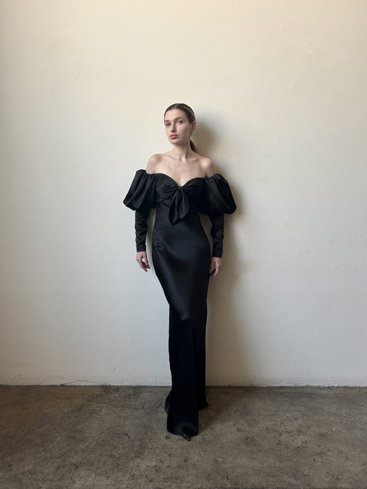black silk mutton sleeve bias cut dress