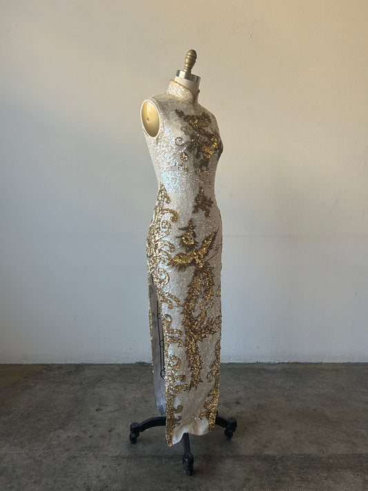 1960s sequin bead gold dragon phoenix qipao cheongsam dress