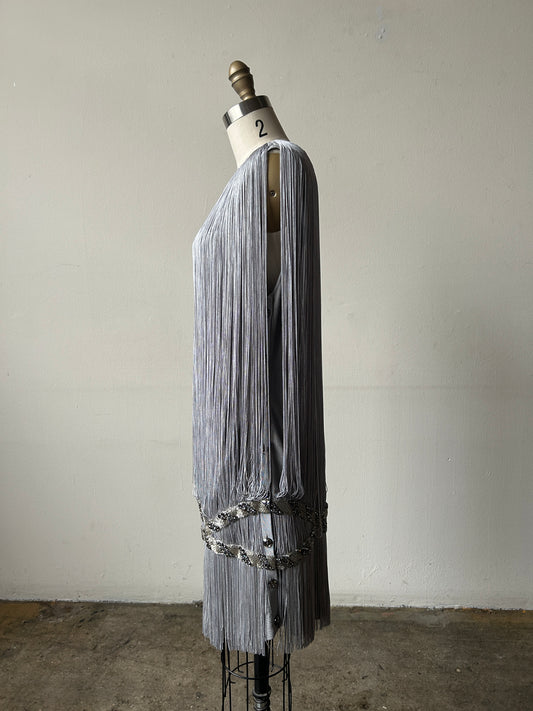 azzaro grey fringe rhinestone mini dress