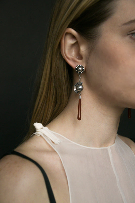 art deco sterling silver red agate drop earrings