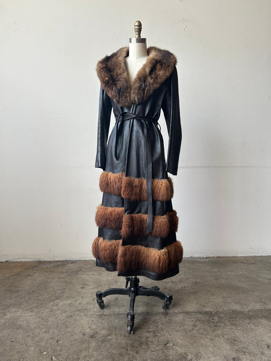 1970s brown leather tiered fur convertible coat