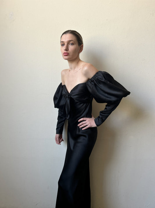 black silk mutton sleeve bias cut dress