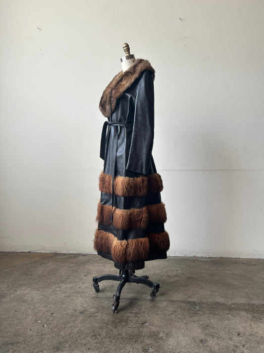 1970s brown leather tiered fur convertible coat