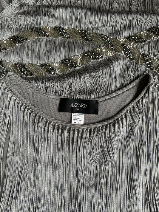 azzaro grey fringe rhinestone mini dress