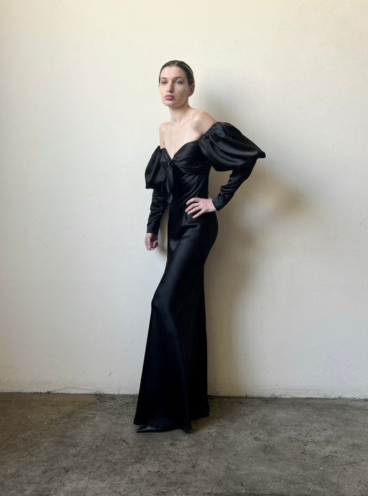 black silk mutton sleeve bias cut dress