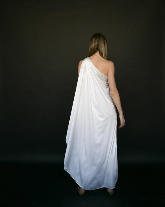 1970s halston white one shoulder dress
