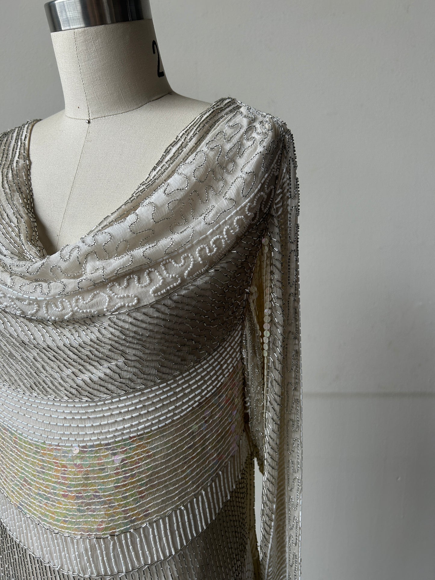 white silk beaded sequin column dress