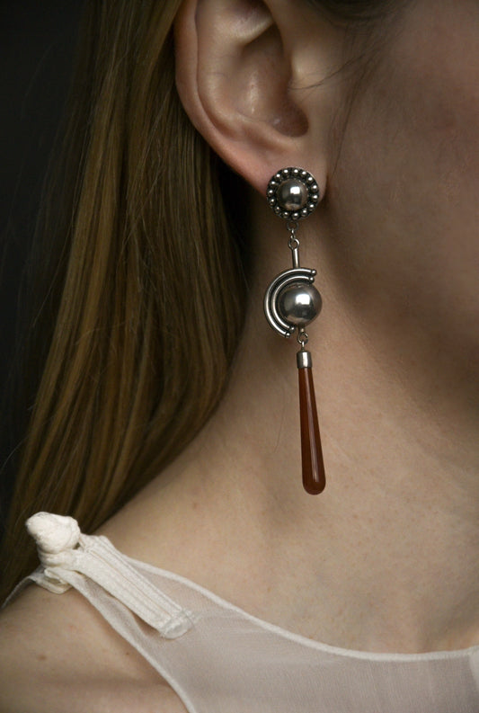 art deco sterling silver red agate drop earrings
