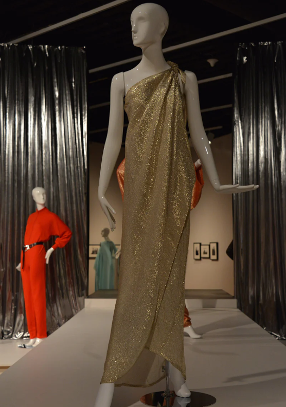 1970s halston lamé one shoulder dress