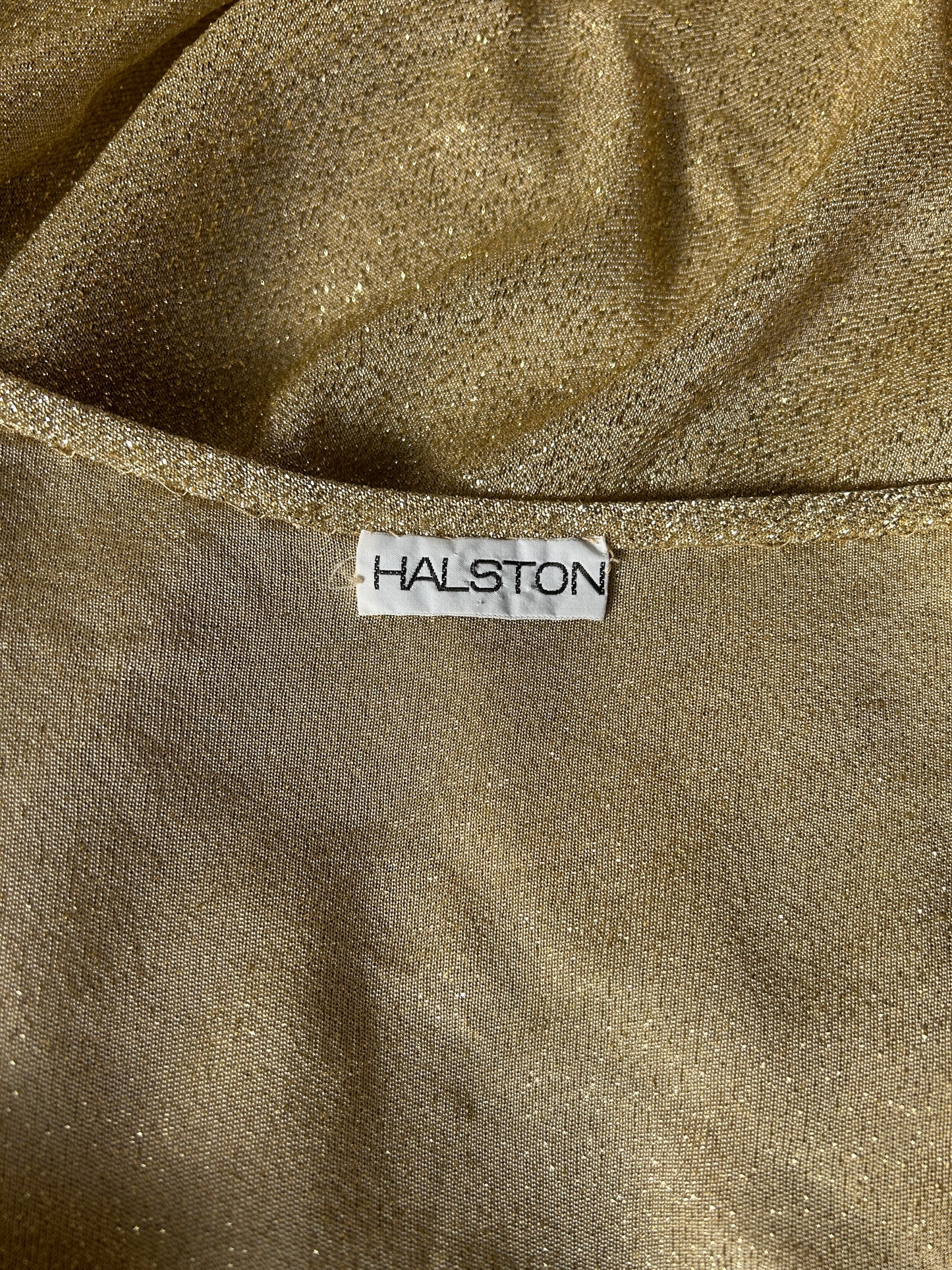 1970s halston lamé one shoulder dress
