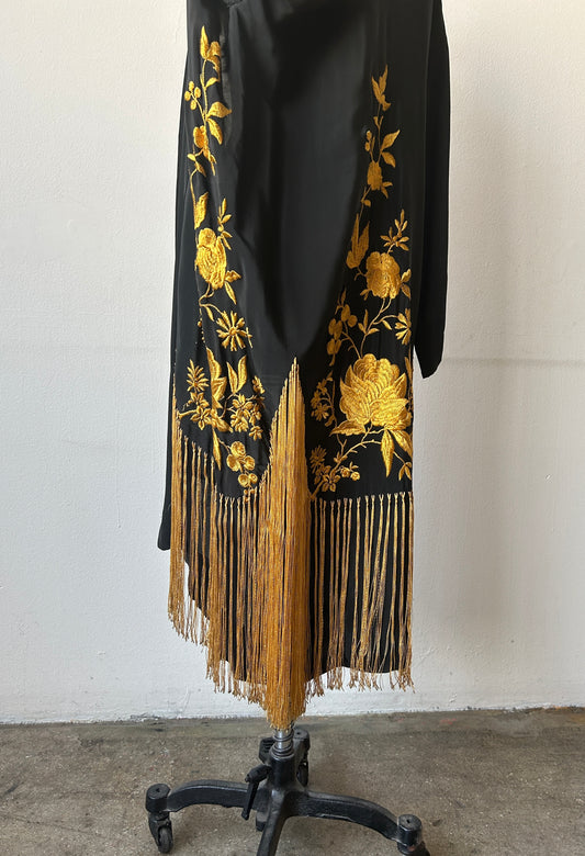 1920s black embroidered fringe kimono