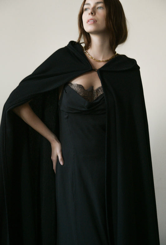 1972 halston resort black wool hooded cape coat