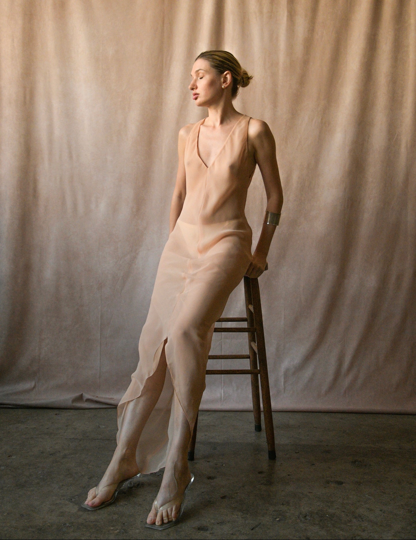 1970s halston semi sheer nude dress