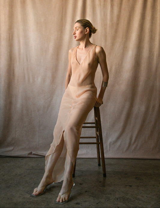 1970s halston semi sheer nude dress