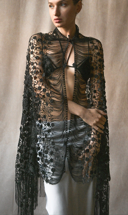 giorgio armani black lace fringe shawl