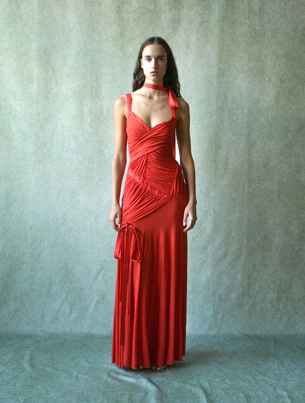 donna karan fall winter 2005 red ruched runway dress