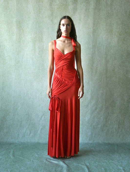 donna karan fall winter 2005 red ruched runway dress