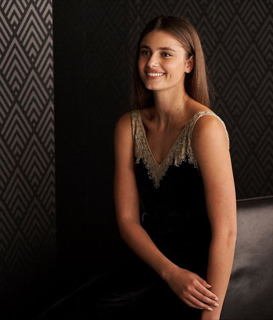 ralph lauren collection black velvet diamante art deco dress