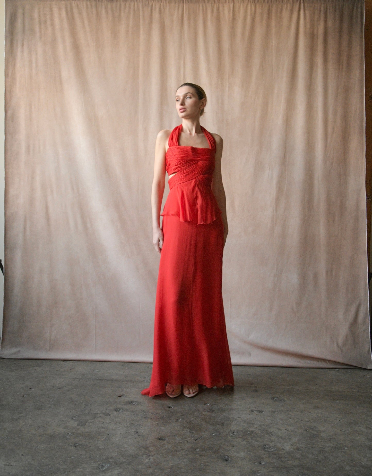 valentino ss 2007 red silk plisse halter dress with train