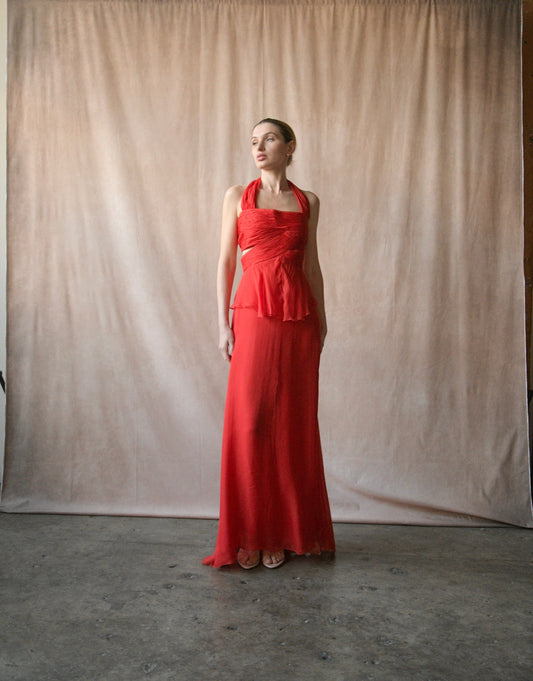 valentino ss 2007 red silk plisse halter dress with train