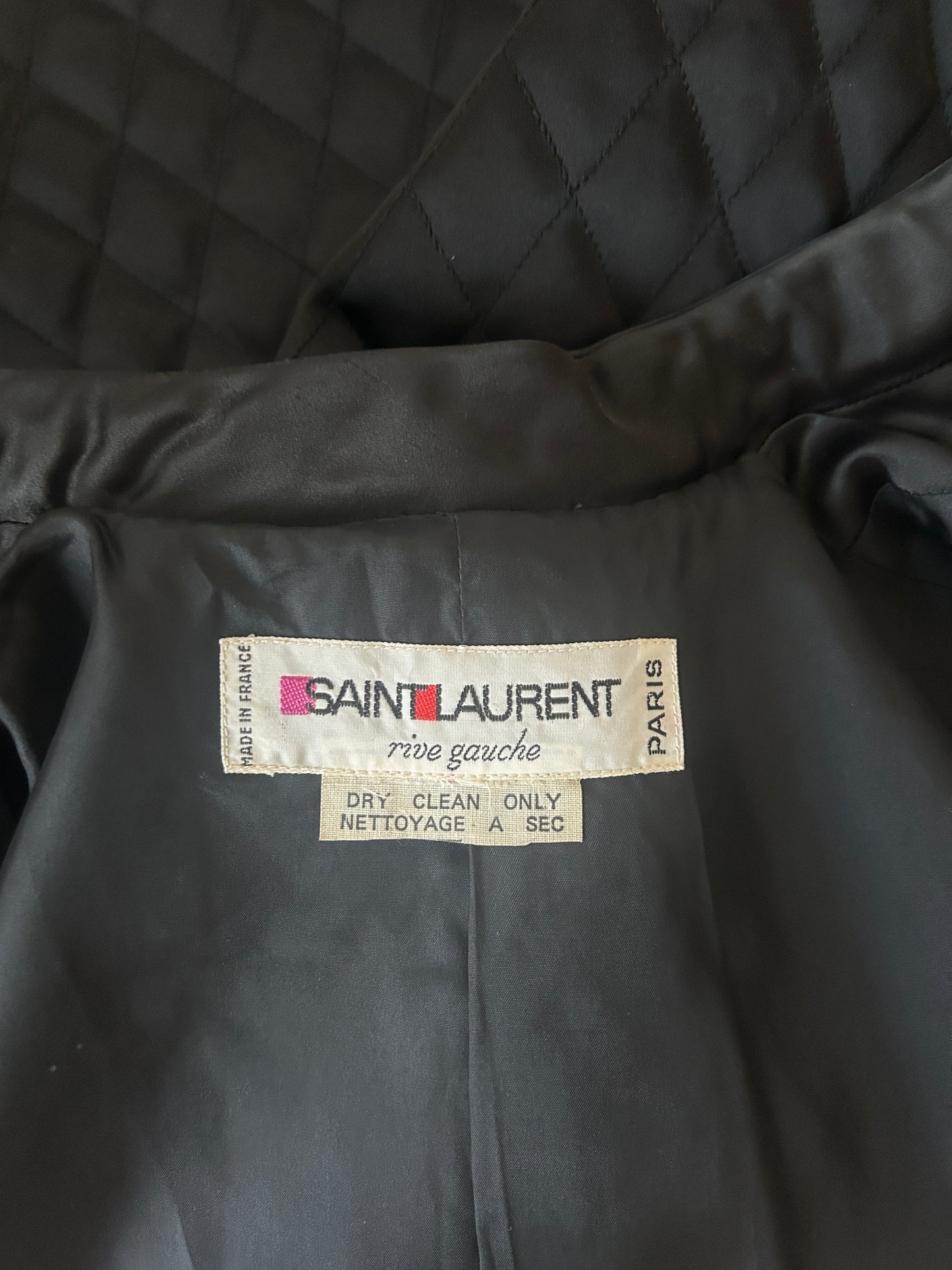 fw 1975 yves saint laurent black quilted coat