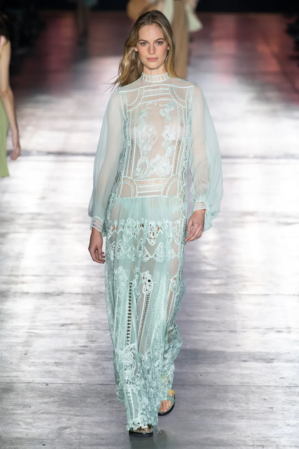 reserved alberta ferretti seafoam silk macrame lace dress