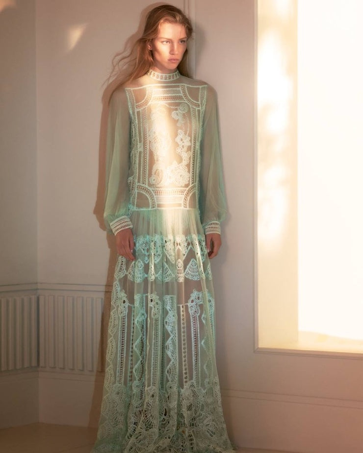 reserved alberta ferretti seafoam silk macrame lace dress