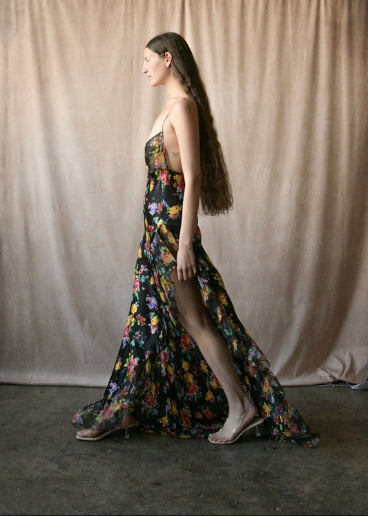 roberto cavalli spring 2000 floral silk bias cut high slit dress