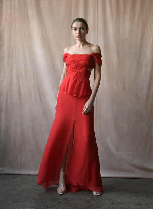 valentino ss 2007 red silk plisse halter dress with train