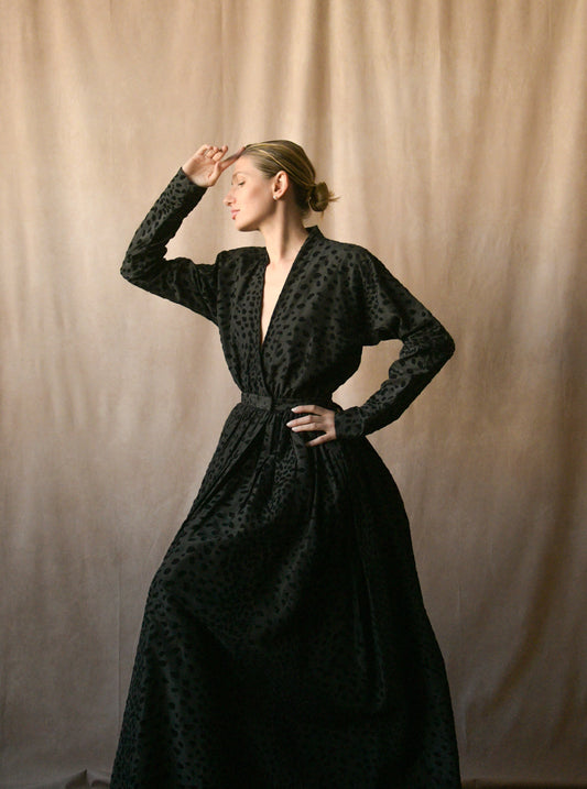 1977 halston black taffeta dot wrap gown