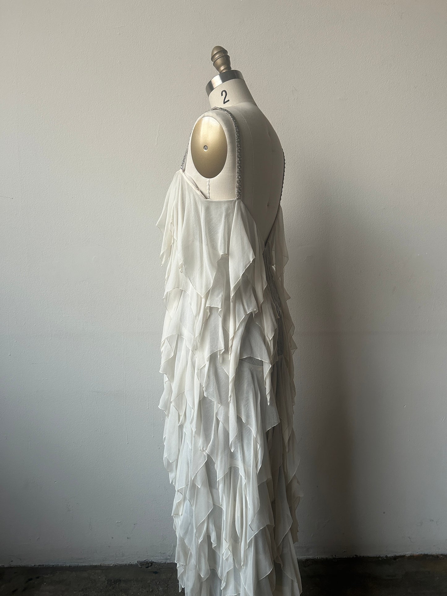 1970s stavropoulos white silk chiffon layered rhinestone dress