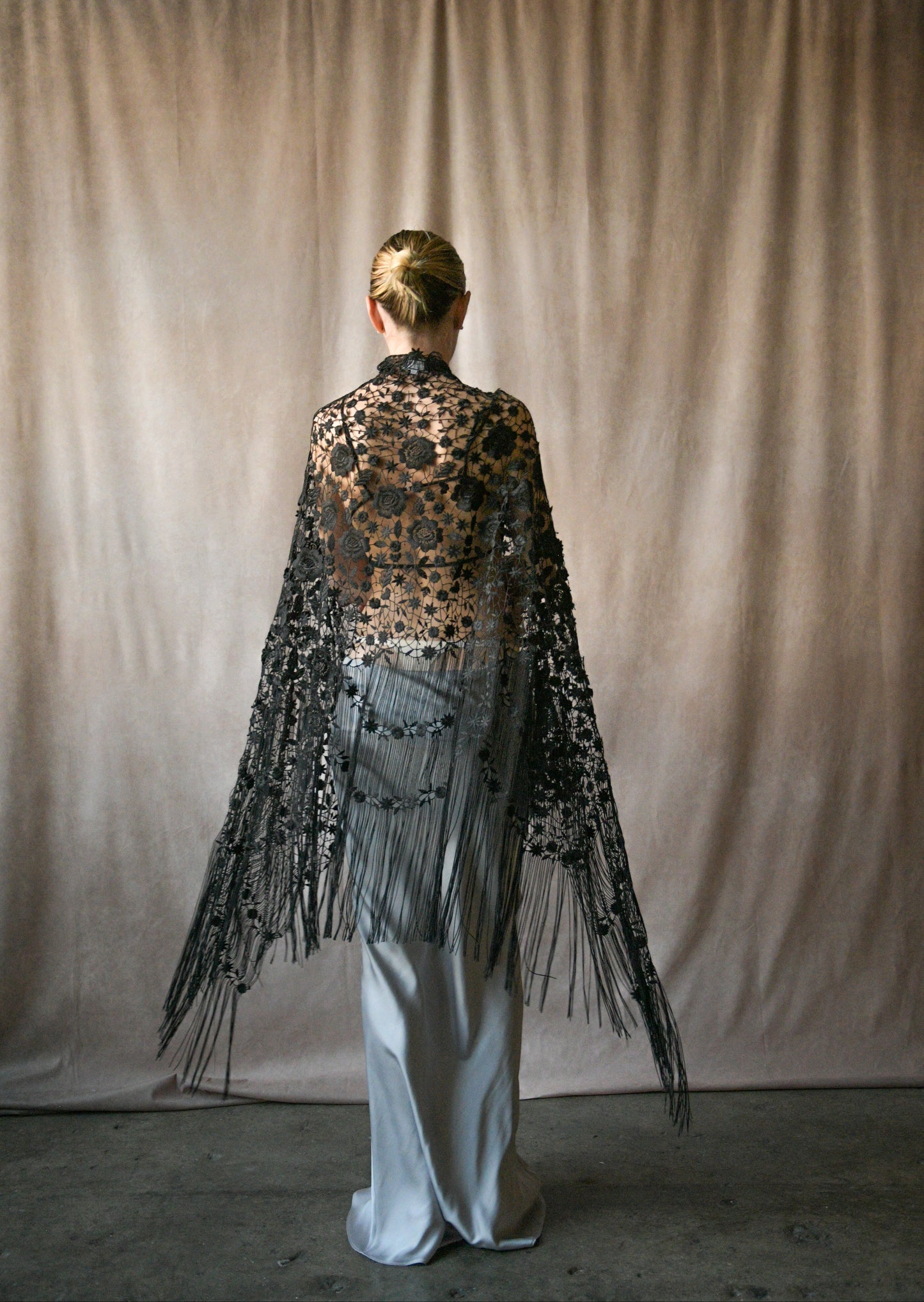 giorgio armani black lace fringe shawl